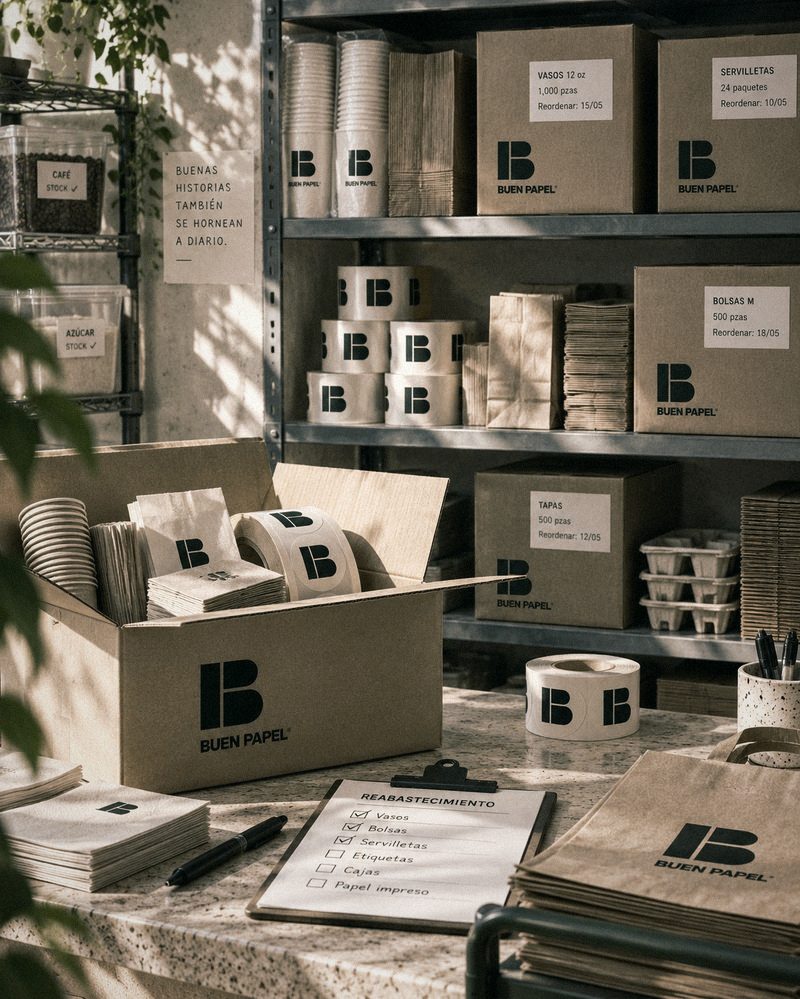 Almacen con cajas rotuladas por producto y hoja de reabastecimiento