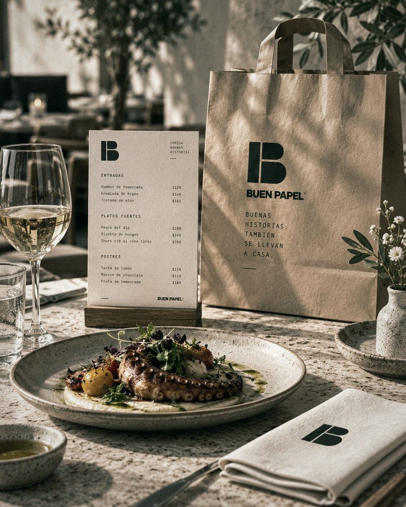 Mesa de restaurante con menu, servilleta y bolsa para llevar impresos